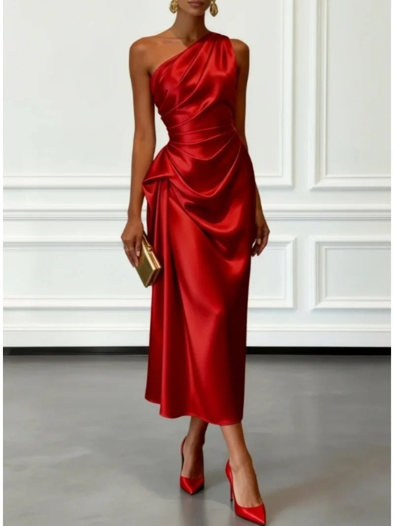Celestia One Shoulder Satin Wedding Guest Midi Dress