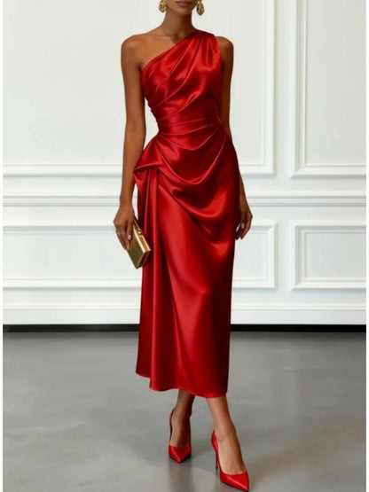 Celestia One Shoulder Satin Wedding Guest Midi Dress