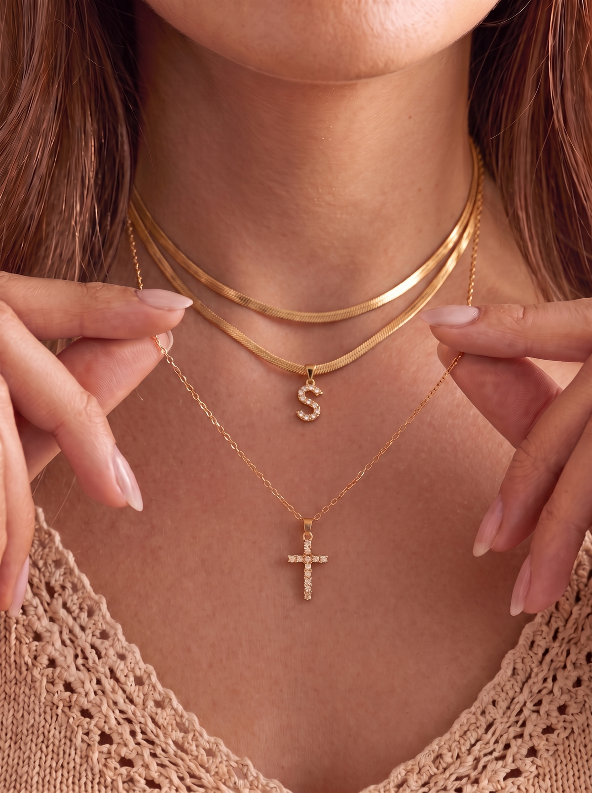 Camille Women's Custom Cross Necklace, Layered Initial Necklace
