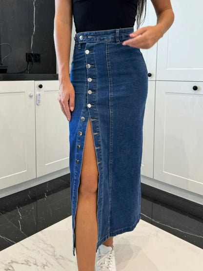 Zavelina Button Front Denim Midi Skirt