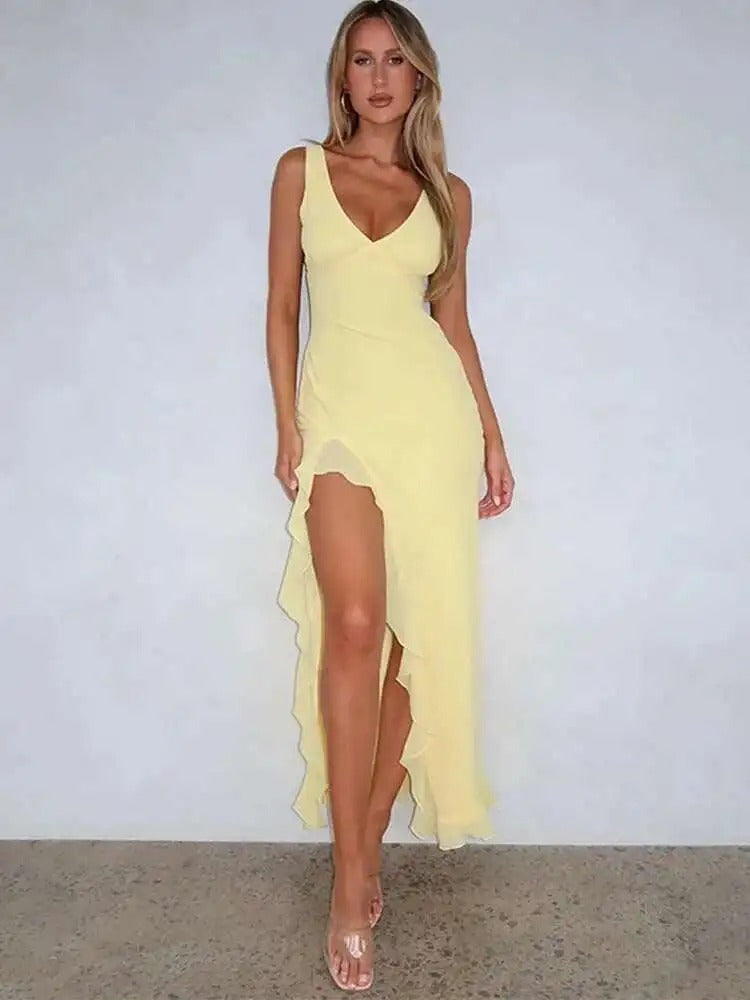 Livia Ruffle Split Wedding Guest Midi Dress