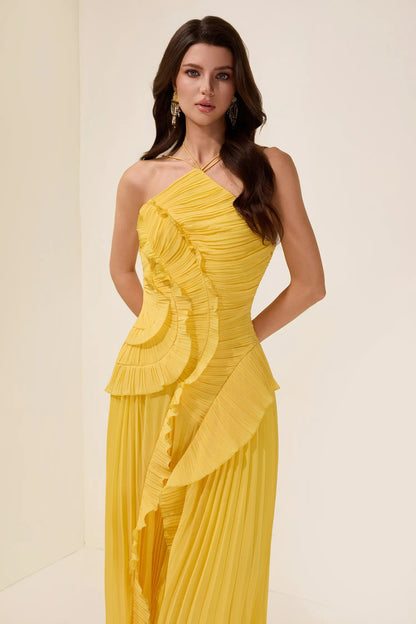 Isabelle Pleated Ruffle Halter Maxi Dress