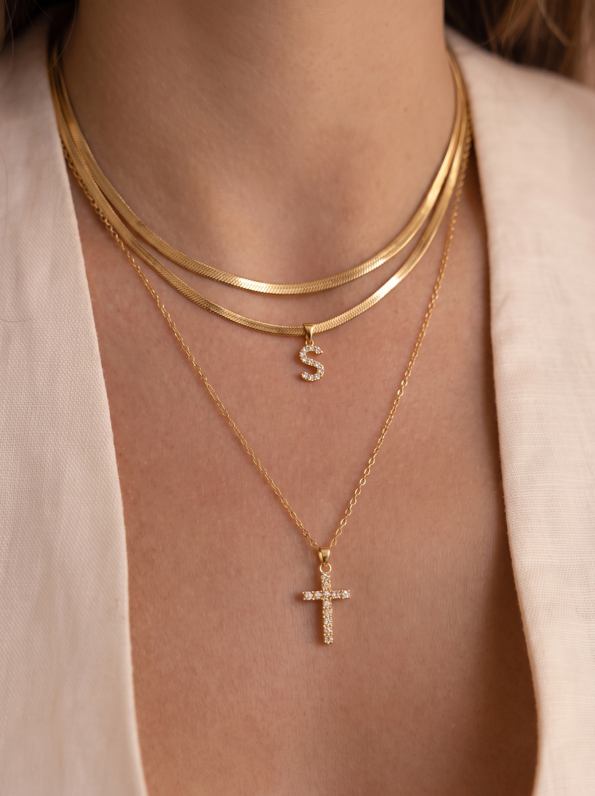 Camille Women's Custom Cross Necklace, Layered Initial Necklace