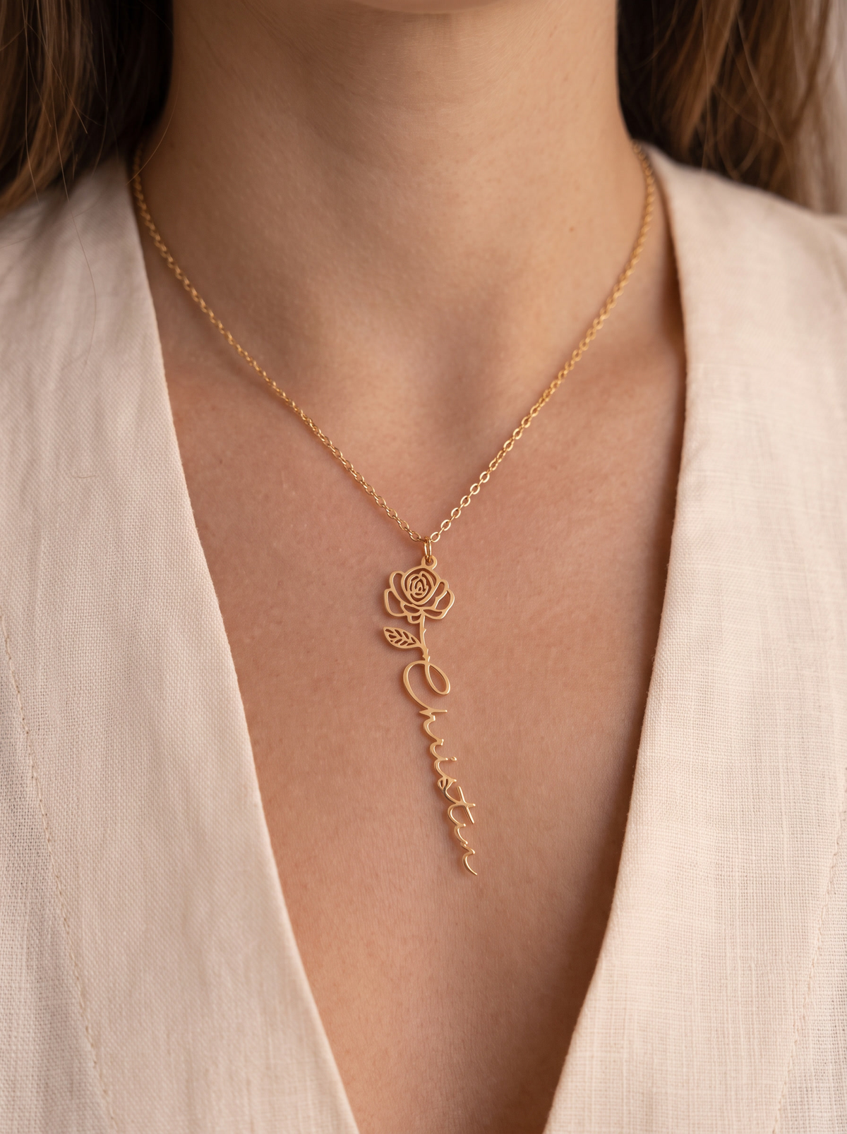 Christina Women's Custom Name Necklace, Rose Charm Necklace