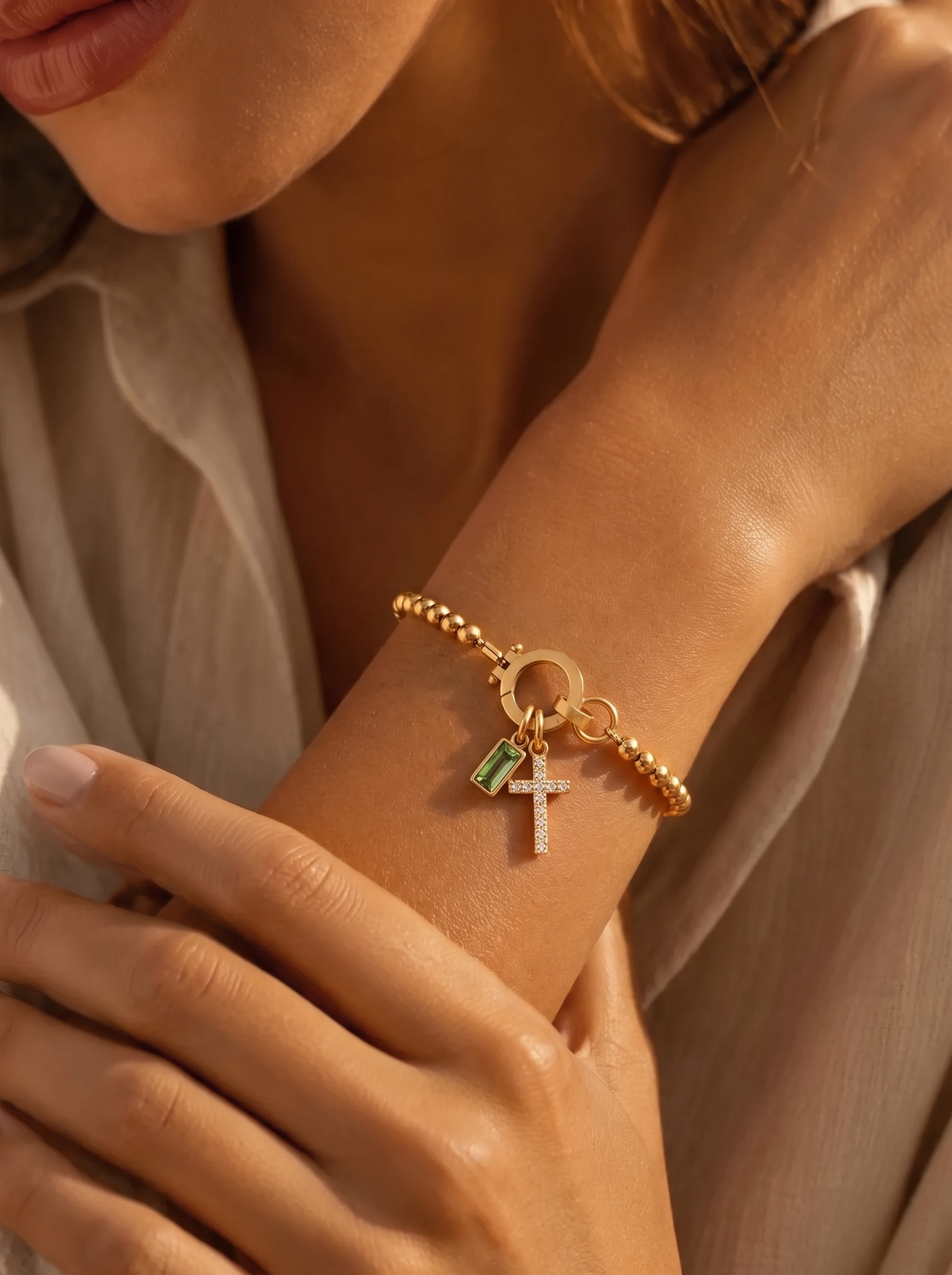 Antonella Women's Custom Birthstone Bracelet, Cross Charm Bracelet