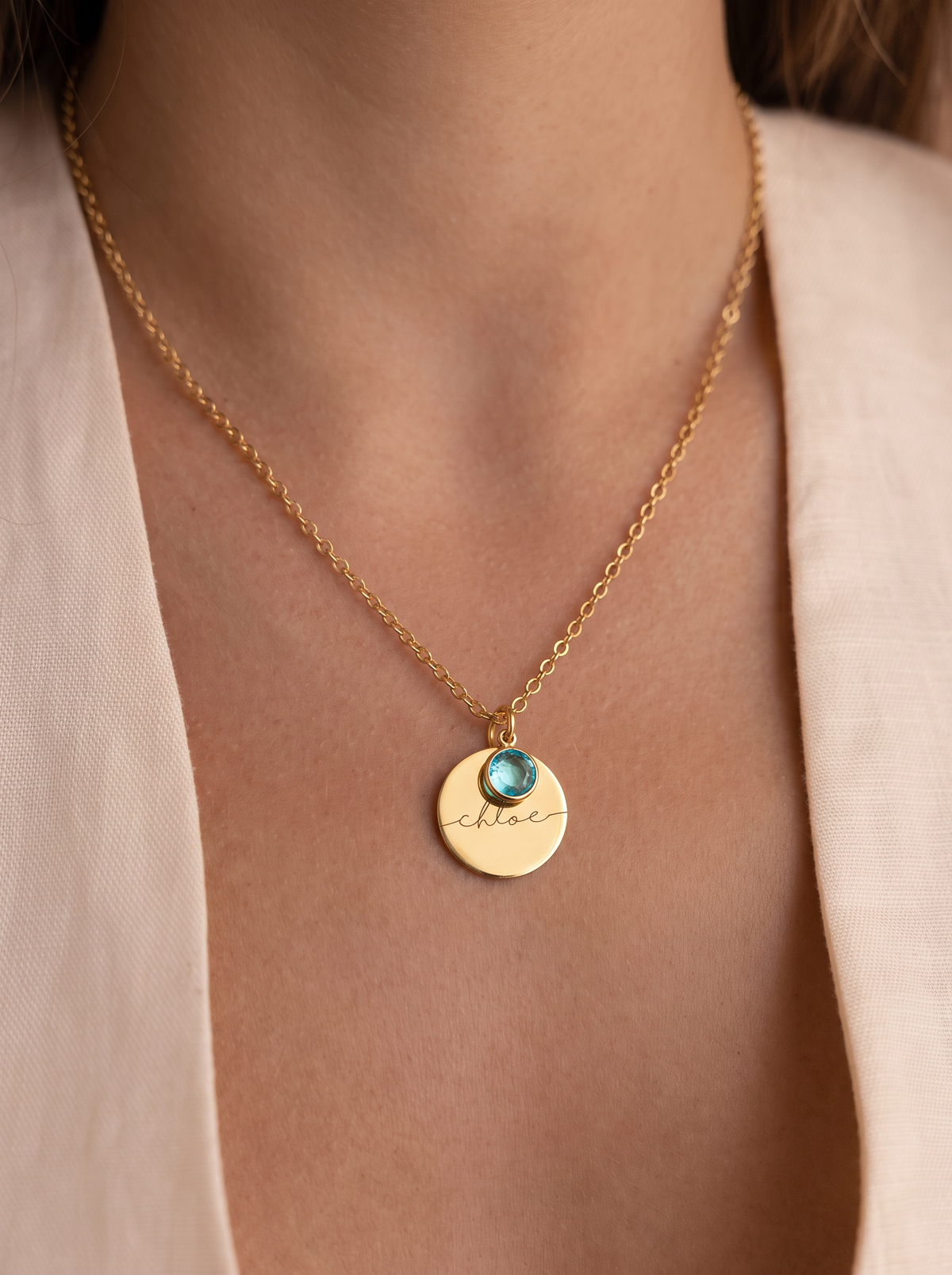 Aurore Women's Custom Birthstone Necklace, Engraved Name Disc
