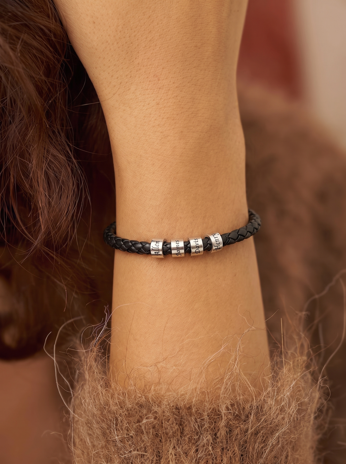 Suzette Women's Custom Engraved Leather Bracelet, Personalized Name Bead Bracelet