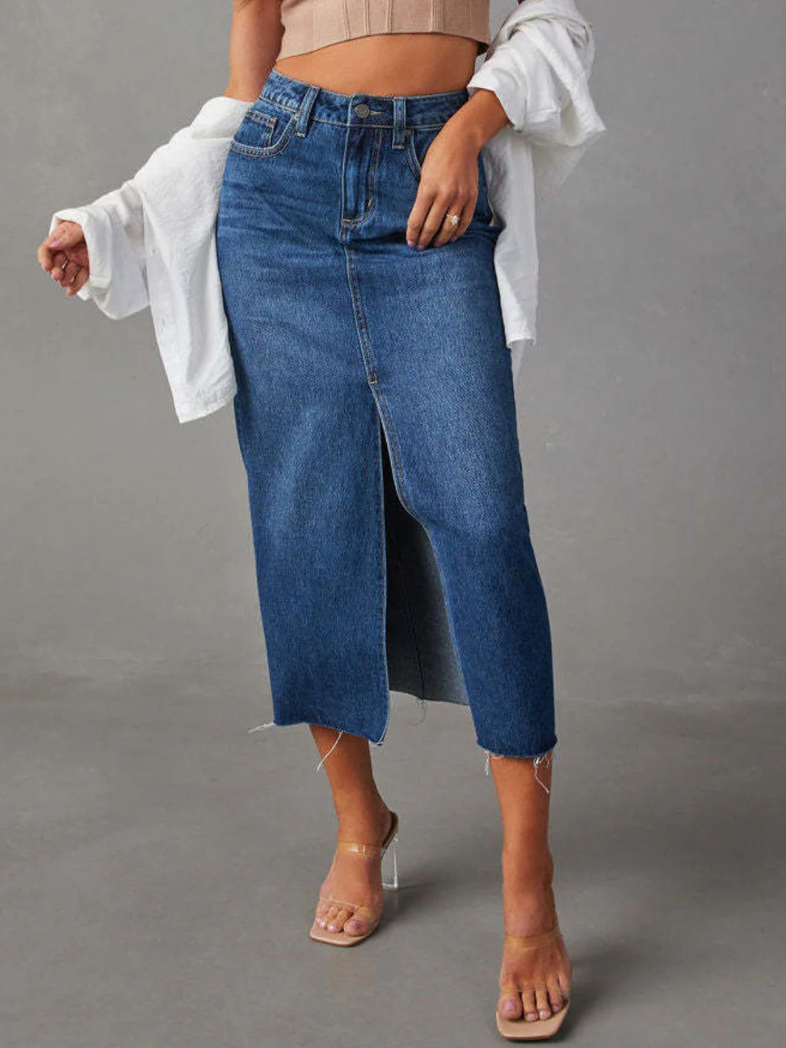 Ameloria Raw Hem Denim Midi Skirt