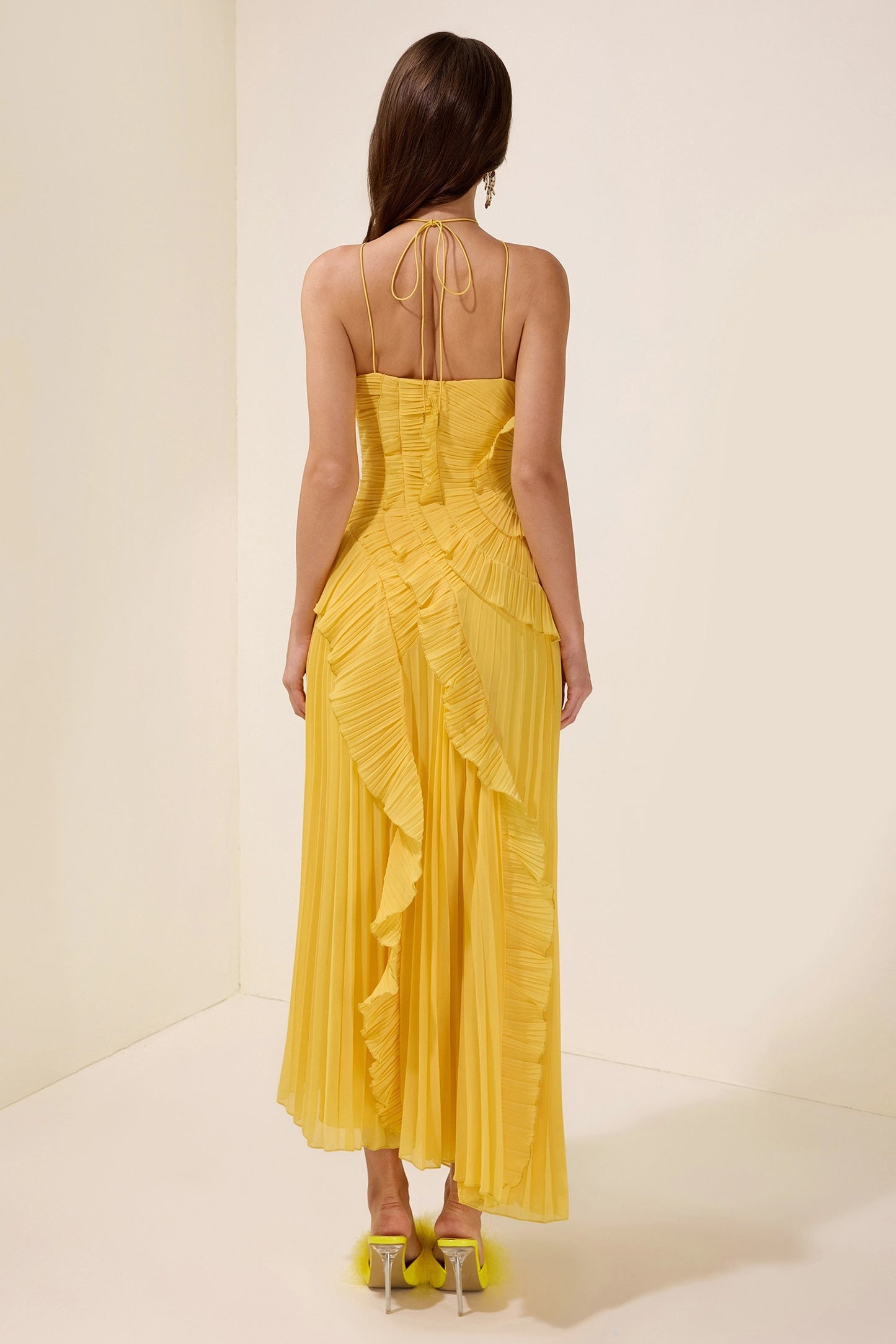 Isabelle Pleated Ruffle Halter Maxi Dress
