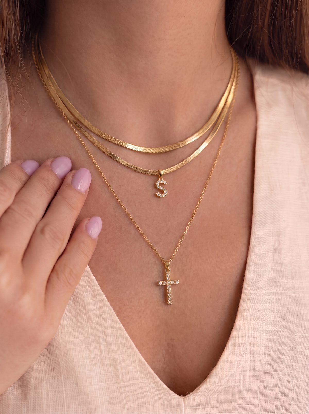 Camille Women's Custom Cross Necklace, Layered Initial Necklace