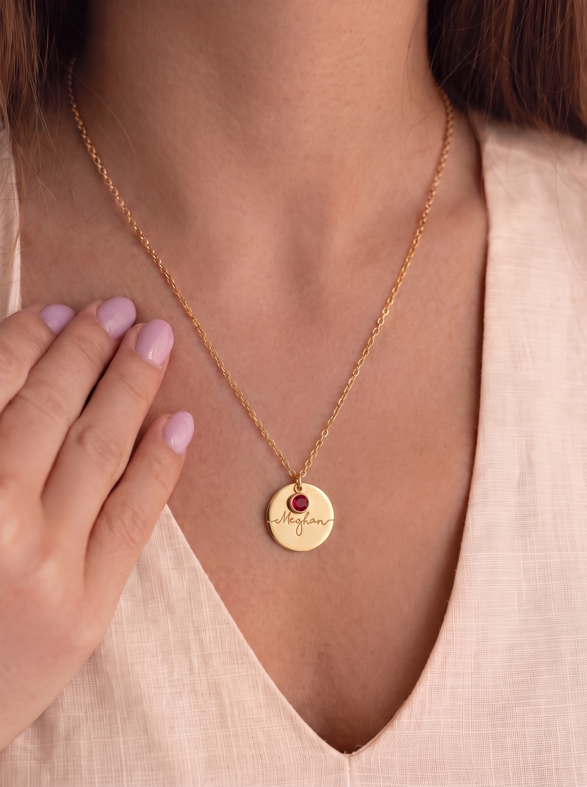 Aurore Women's Custom Birthstone Necklace, Engraved Name Disc