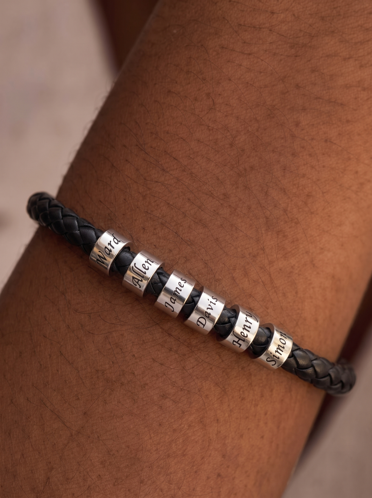 Suzette Women's Custom Engraved Leather Bracelet, Personalized Name Bead Bracelet