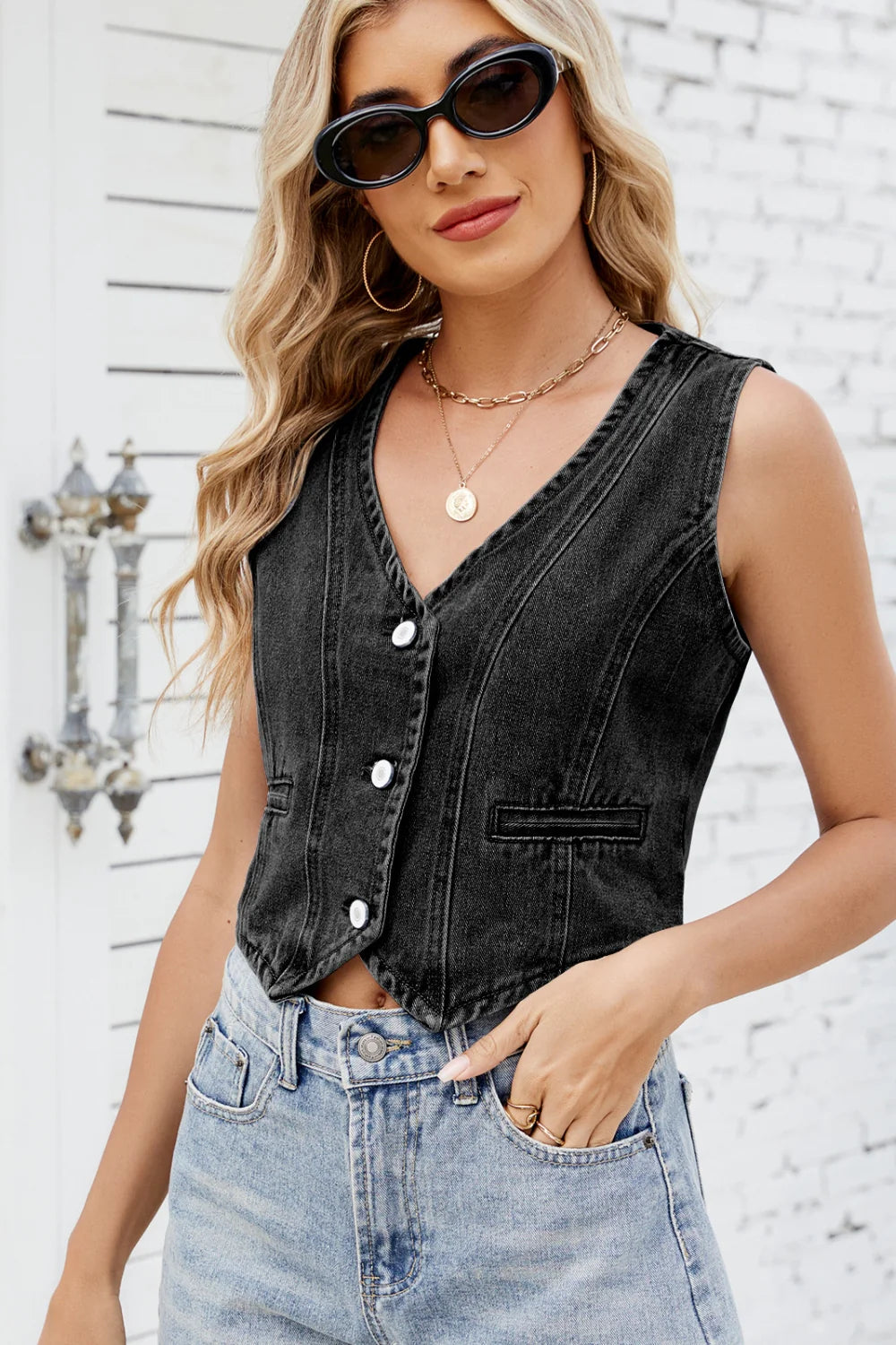 Briolisse Button Front Denim Vest Top