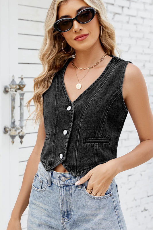 Briolisse Button Front Denim Vest Top