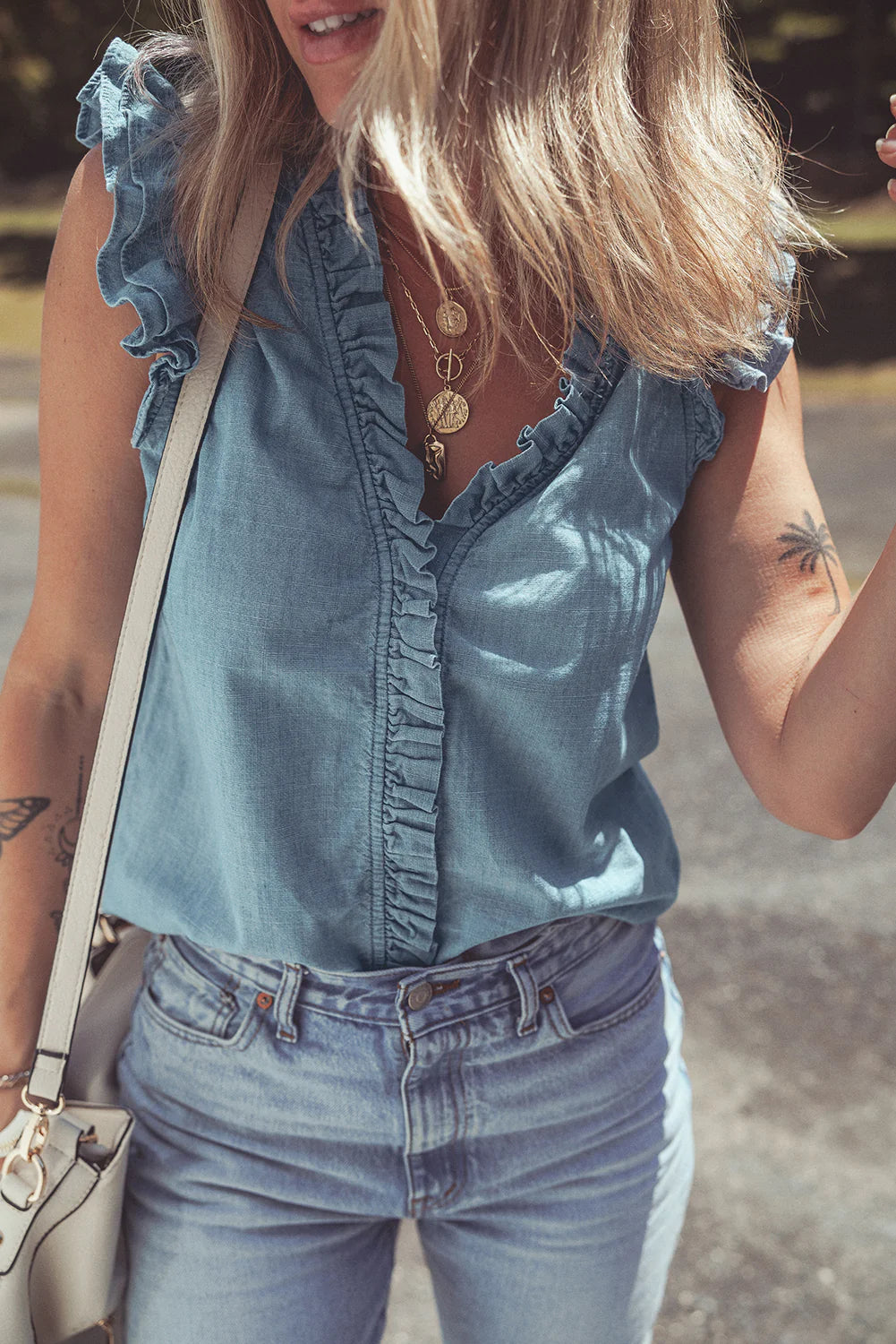 Celavina Ruffle Trim Chambray Tank Top