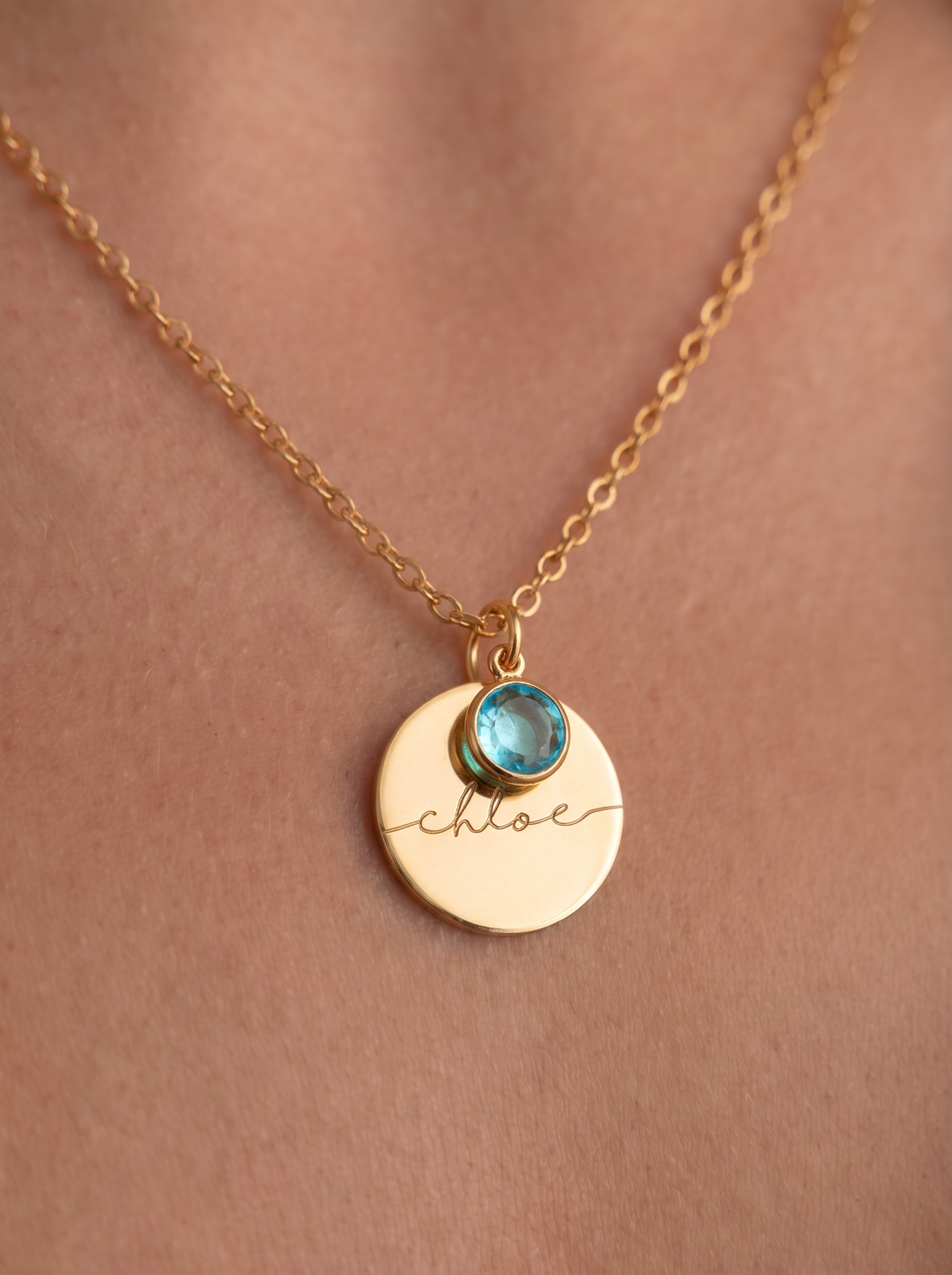 Aurore Women's Custom Birthstone Necklace, Engraved Name Disc