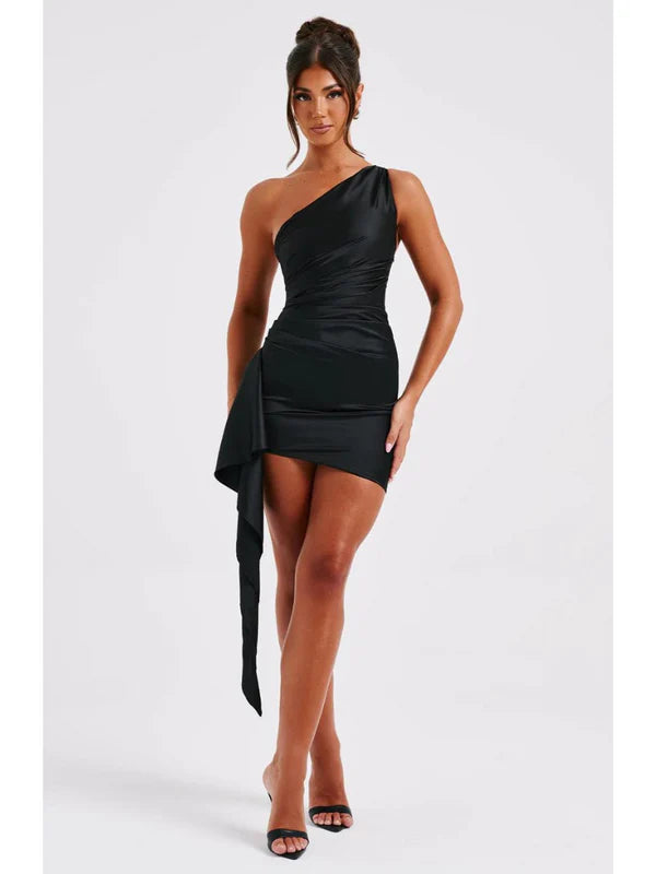 Xavienne One Shoulder Draped Party Mini Dress