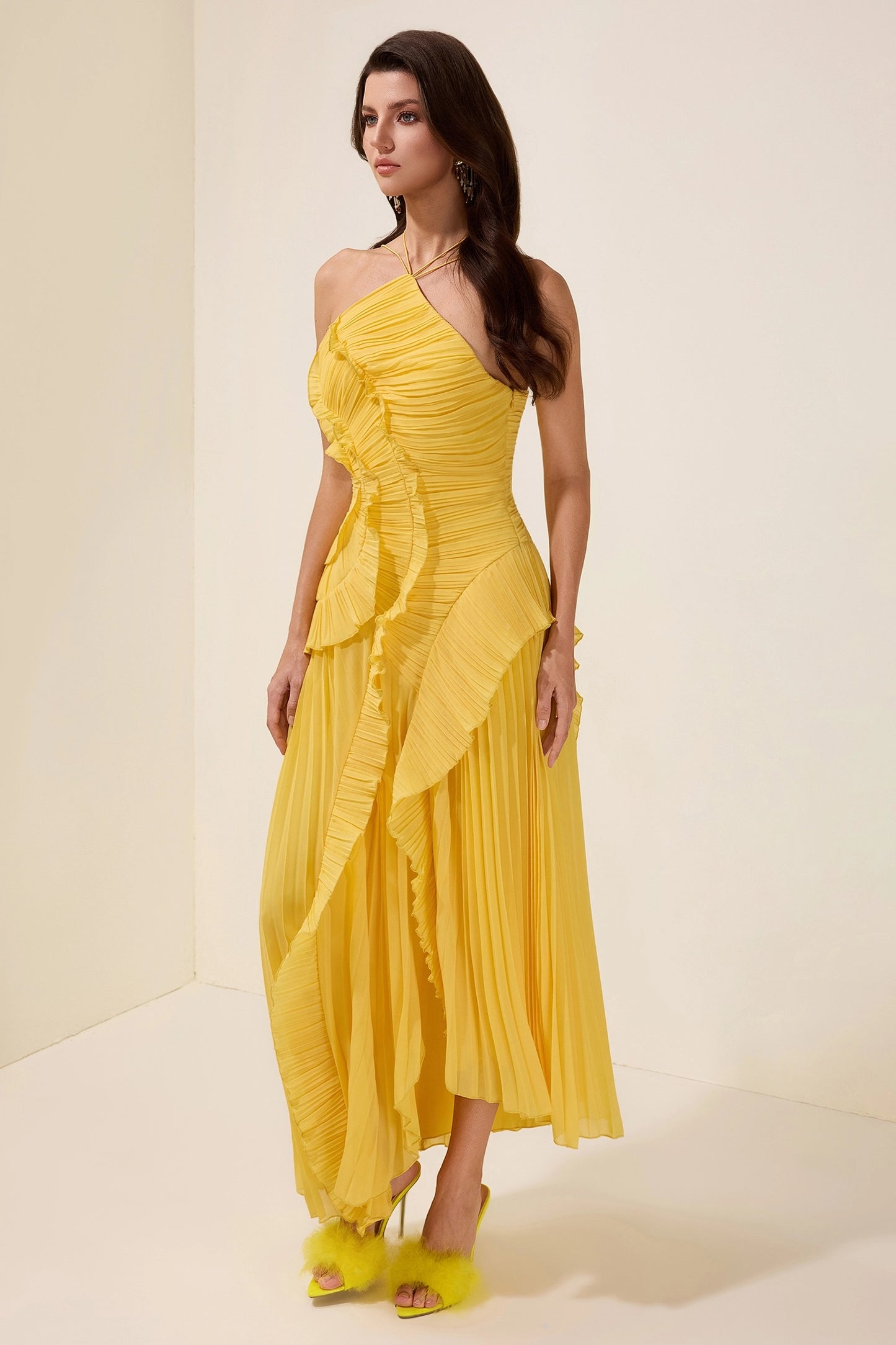 Isabelle Pleated Ruffle Halter Maxi Dress