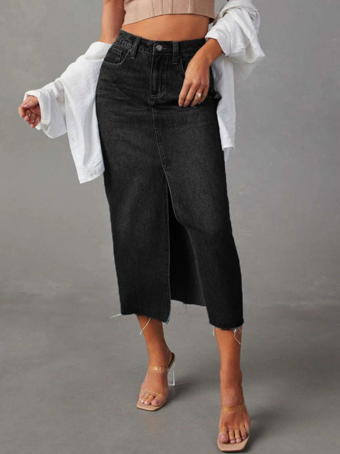 Ameloria Raw Hem Denim Midi Skirt
