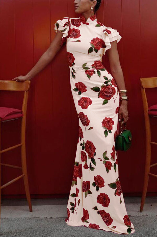 Rosalind Rose Print Ruffle Maxi Dress