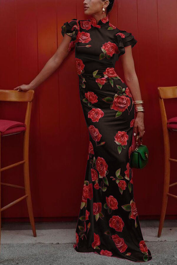 Rosalind Rose Print Ruffle Maxi Dress