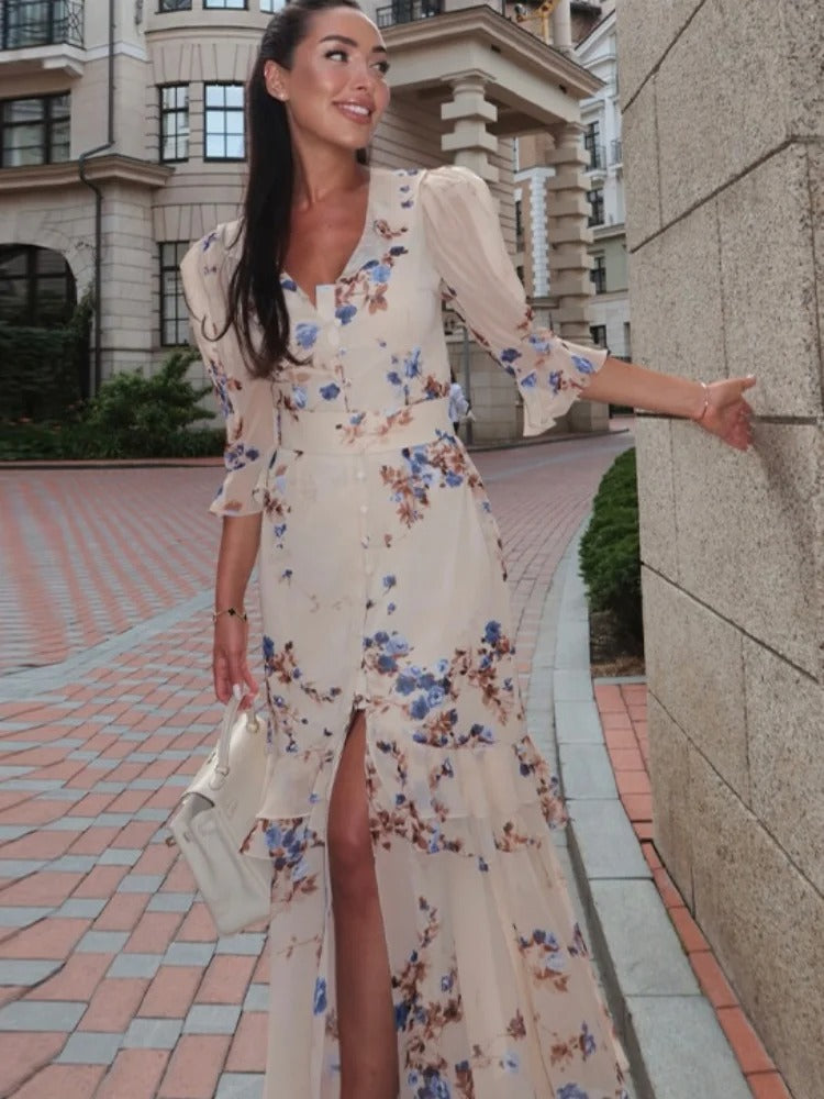 Adeline Floral Satin Wedding Guest Maxi Dress