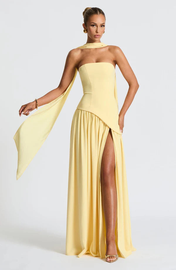 Ulivienne Strapless Pleated Evening Maxi Dress