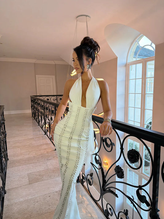 Annika Faux Leather Halter Wedding Guest Maxi Dress