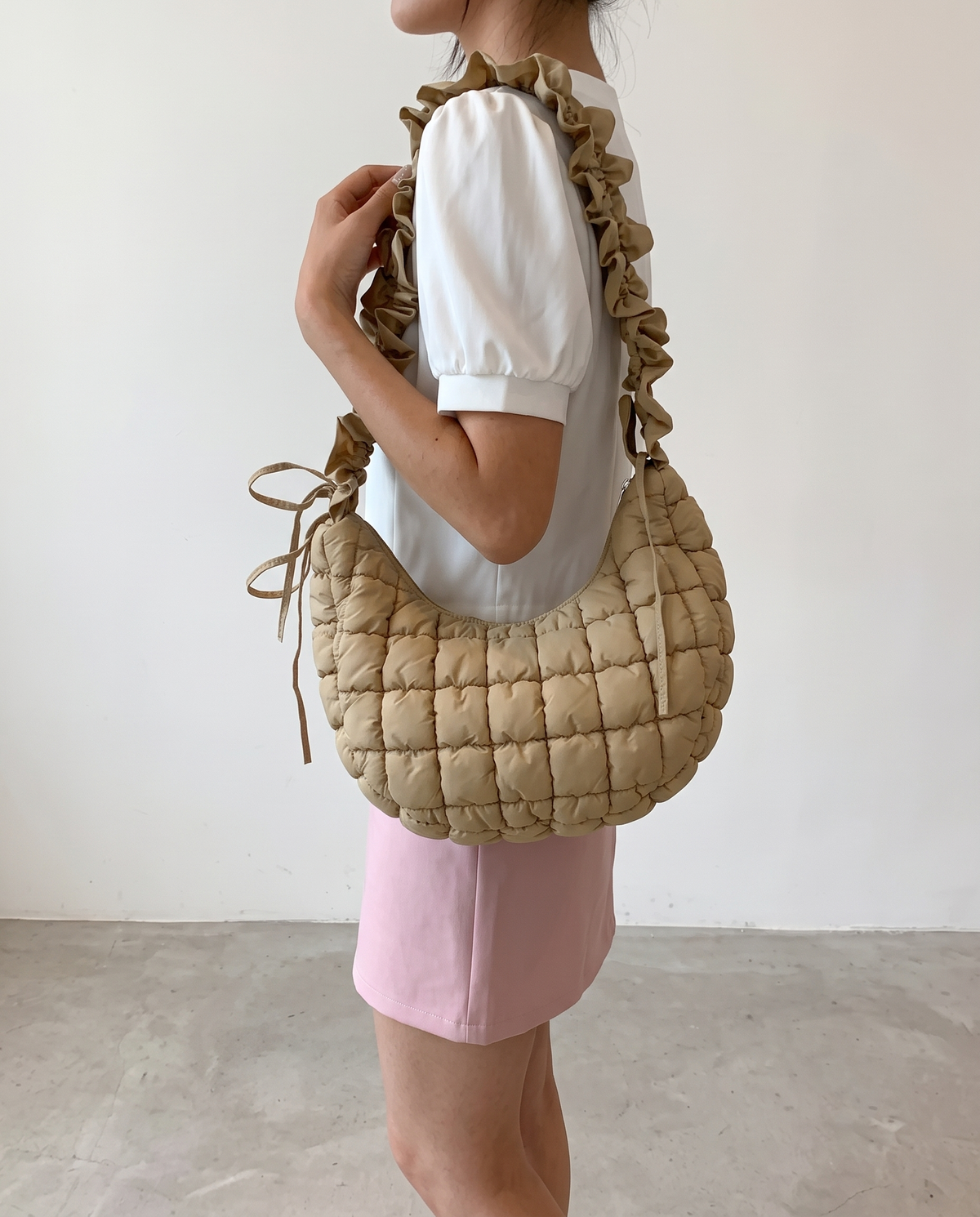 Rosalie Ruffle Quilted Women's Hobo Bag, Polyester Padded Shoulder Bag