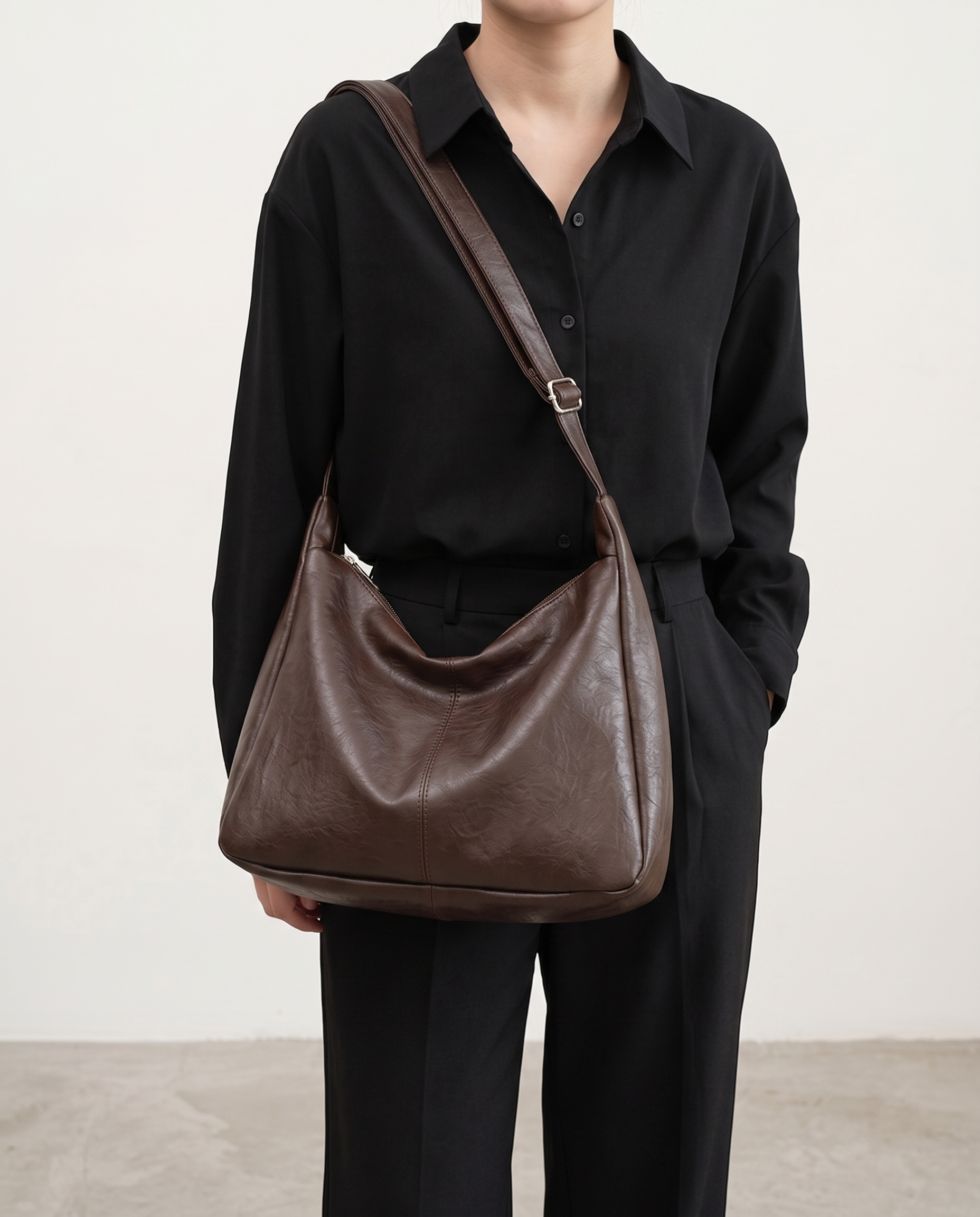 Marcella Adjustable Faux Leather Shoulder Bag - Dark Brown
