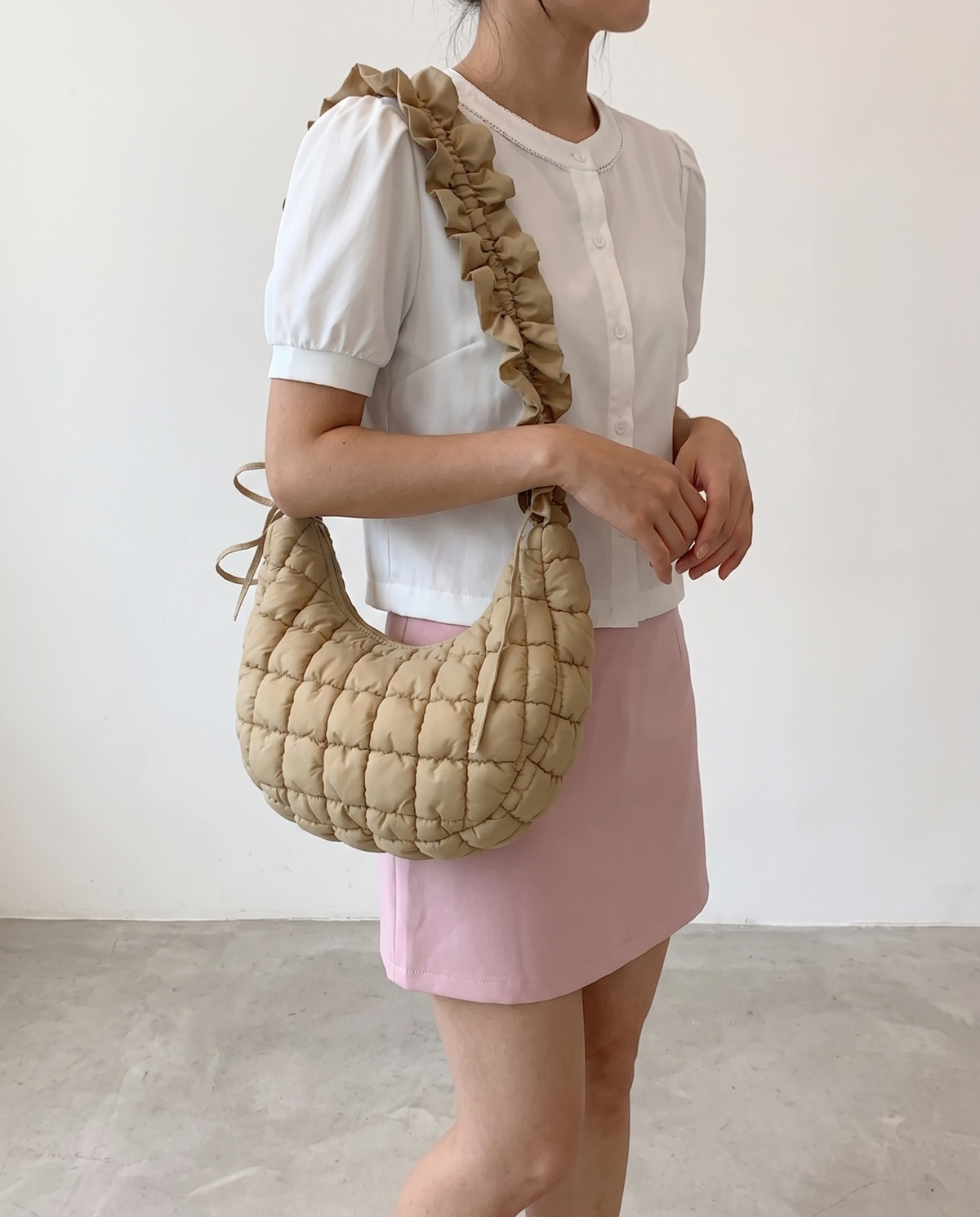 Rosalie Ruffle Quilted Women's Hobo Bag, Polyester Padded Shoulder Bag