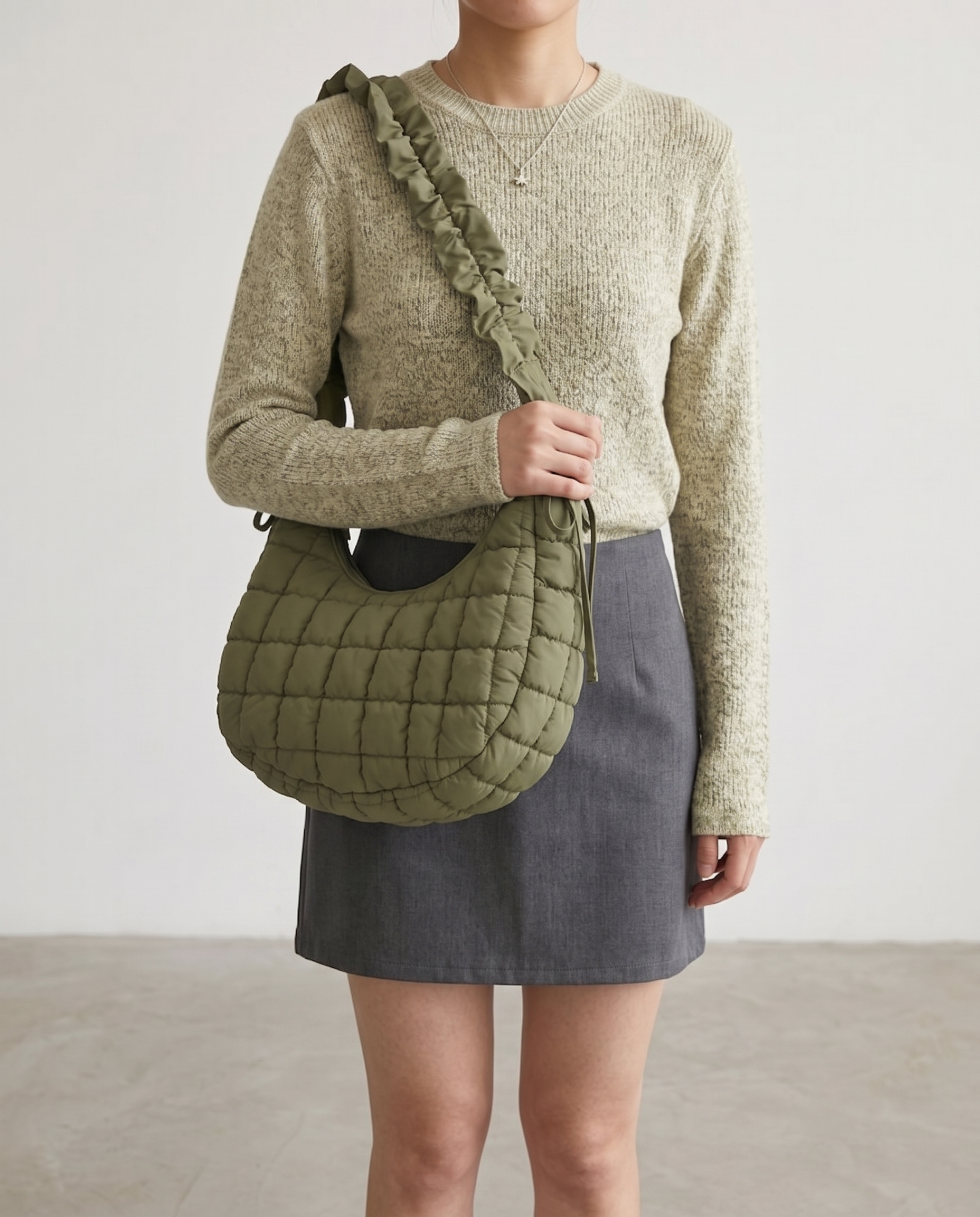 Rosalie Ruffle Quilted Hobo Shoulder Bag - Green