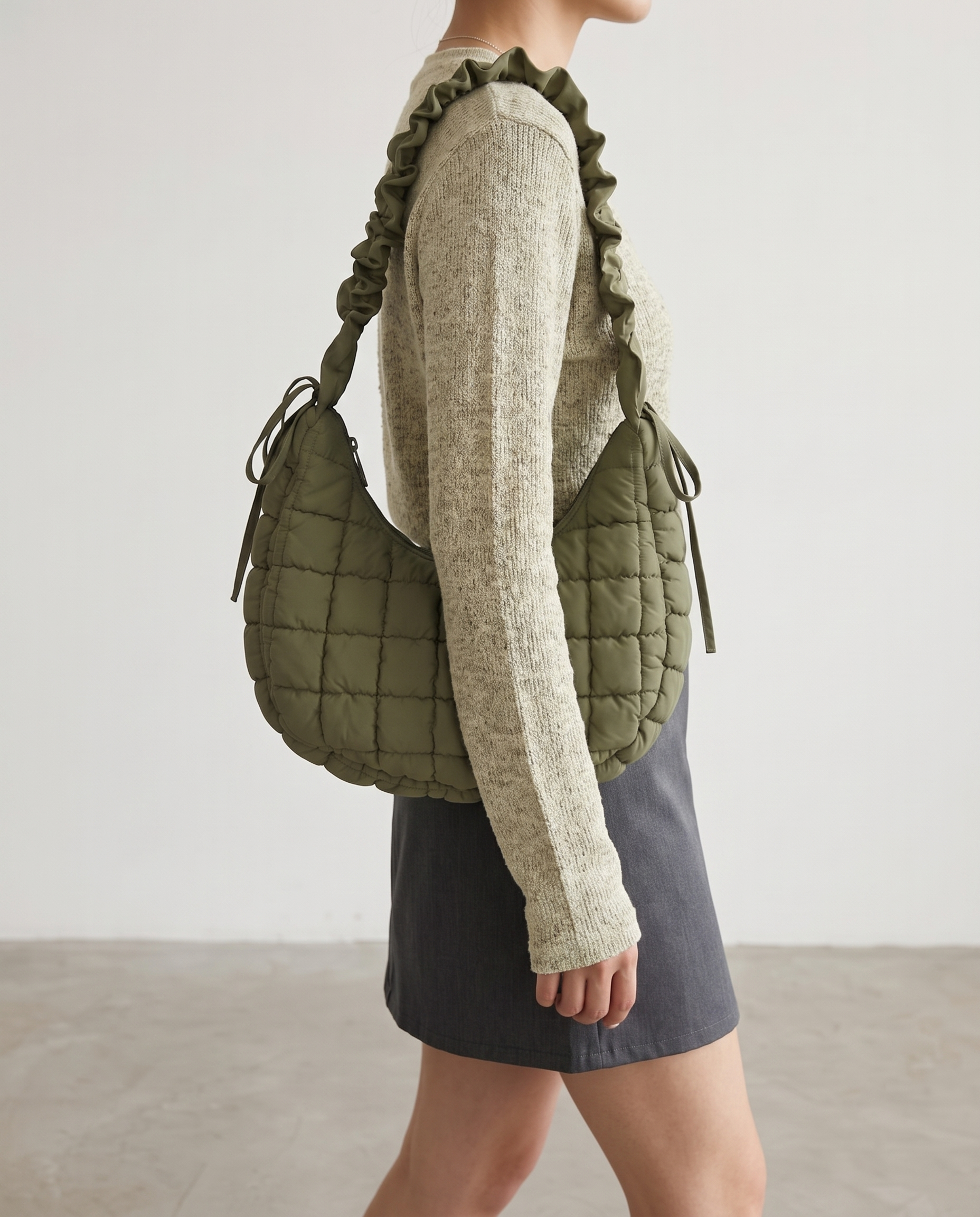 Rosalie Ruffle Quilted Hobo Shoulder Bag - Green