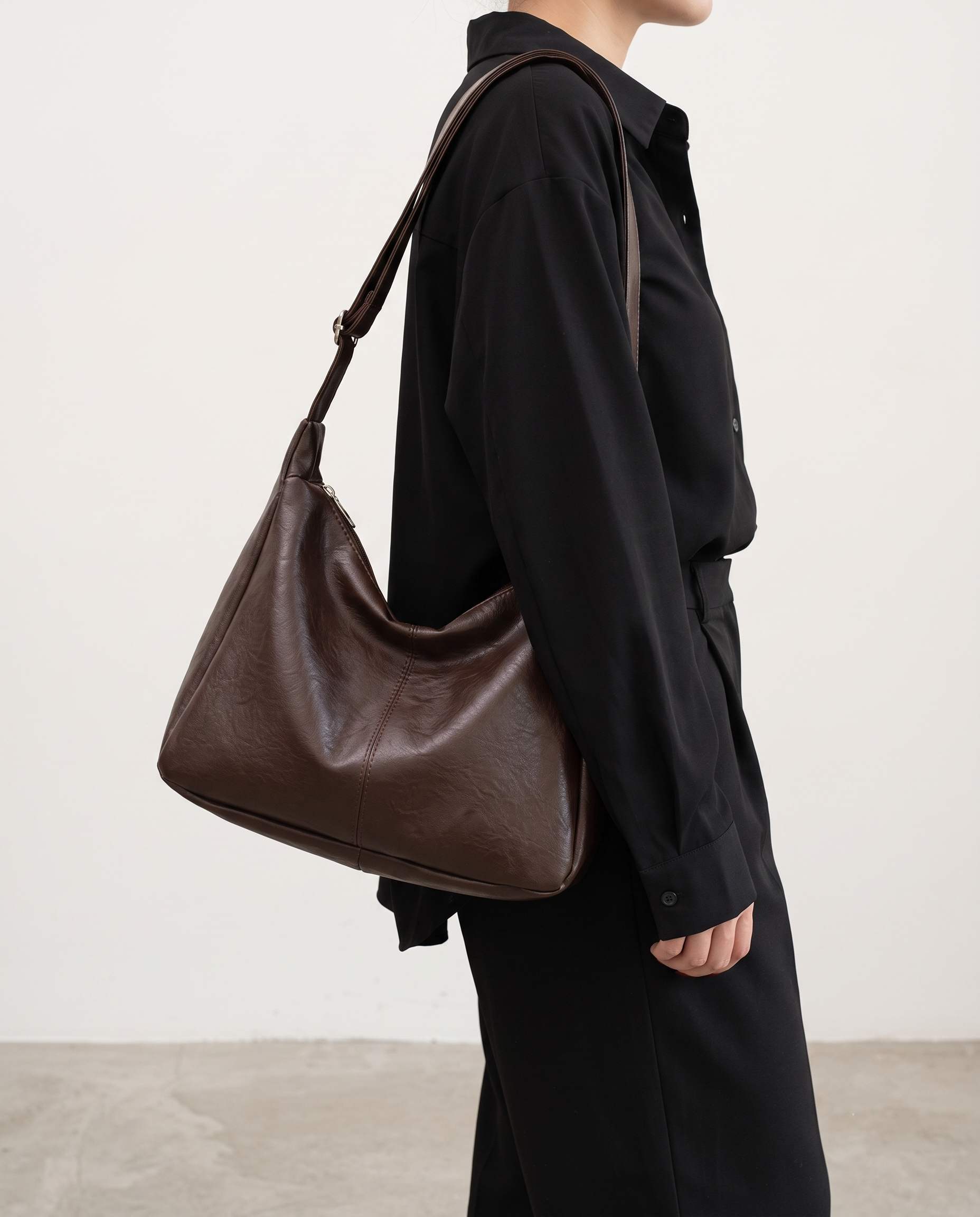 Marcella Adjustable Faux Leather Shoulder Bag - Dark Brown