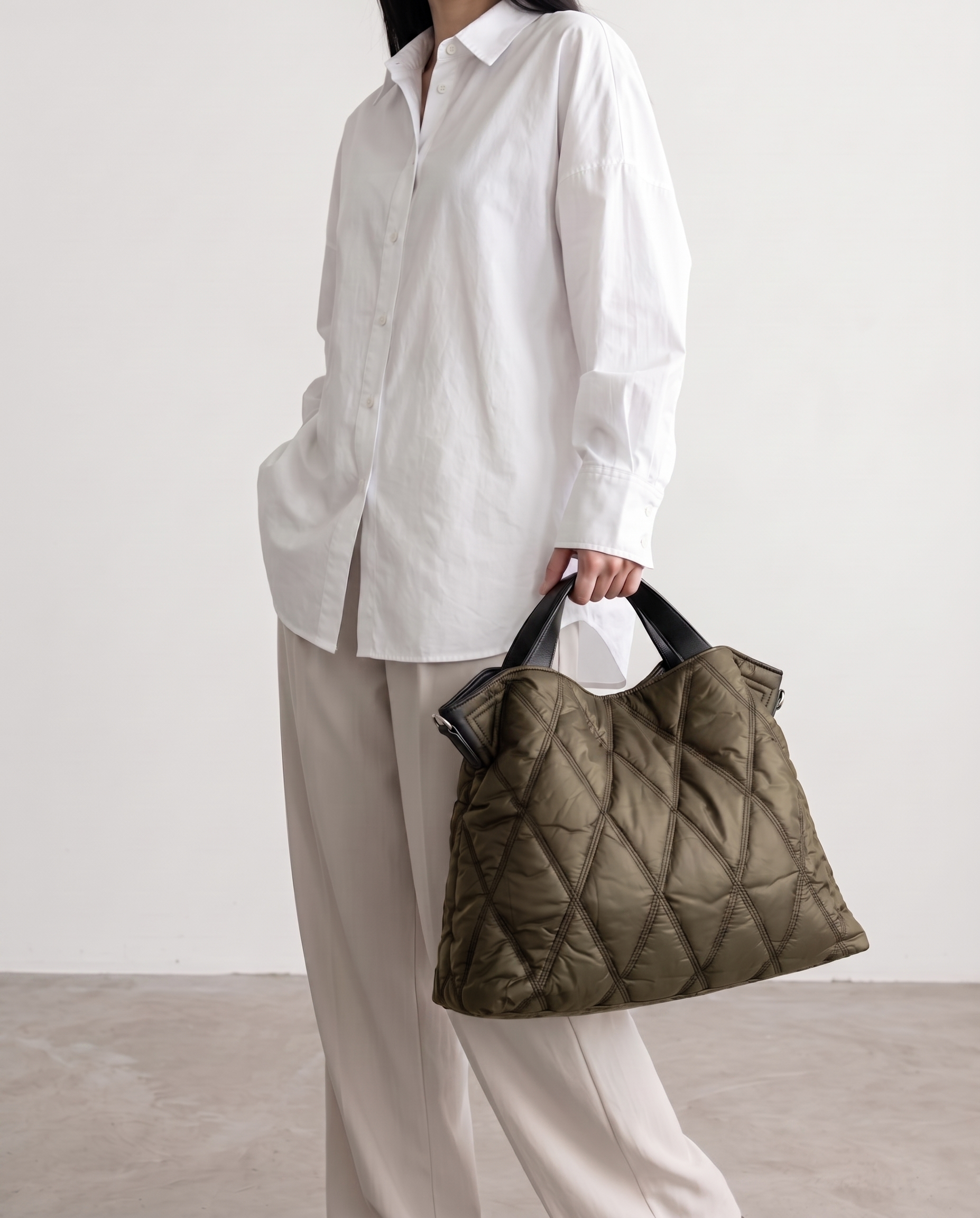 Bethan Large Quilted Tote Shoulder Bag - Army Green
