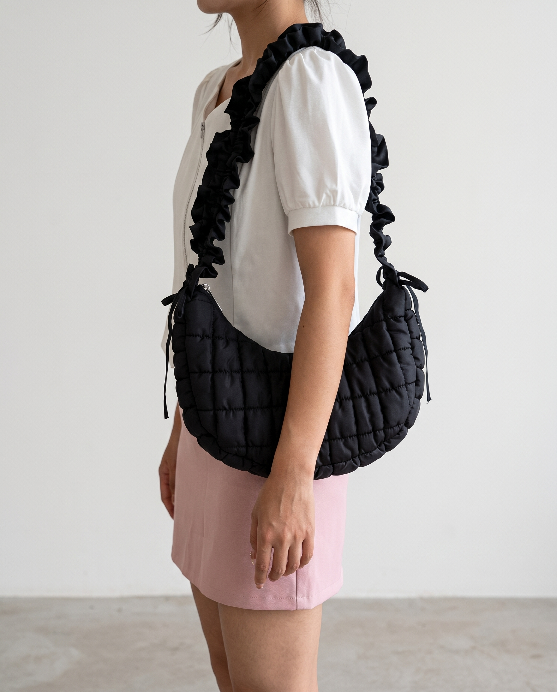 Rosalie Ruffle Quilted Hobo Shoulder Bag - Black