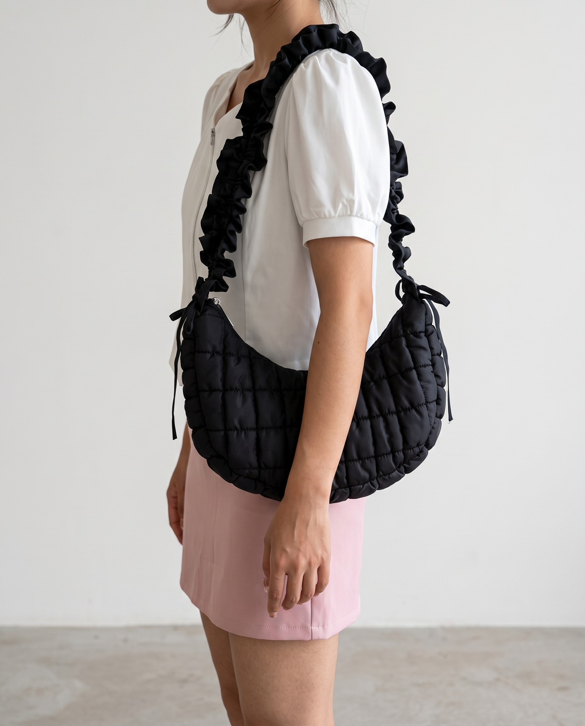 Rosalie Ruffle Quilted Women's Hobo Bag, Polyester Padded Shoulder Bag