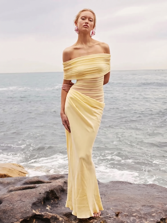 Soleil Ruched Off Shoulder Vacation Maxi Dress
