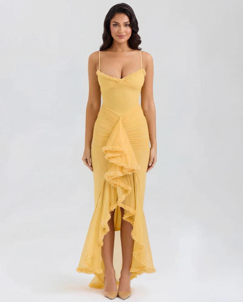 Tioravelle Draped Ruffle Wedding Guest Maxi Dress