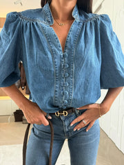 Loravina Puff Sleeve Denim Blouse