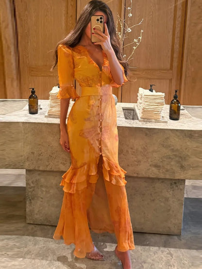 Adeline Floral Satin Wedding Guest Maxi Dress