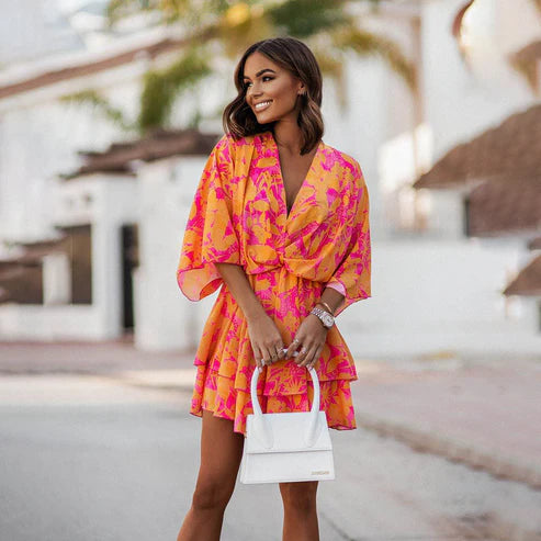Maerina Floral V Neck Vacation Mini Dress