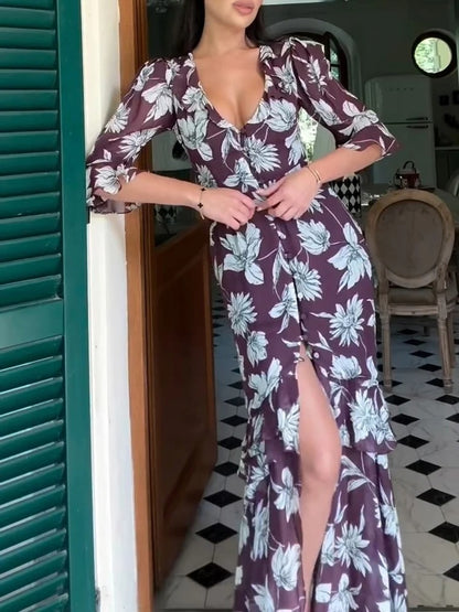 Adeline Floral Satin Wedding Guest Maxi Dress