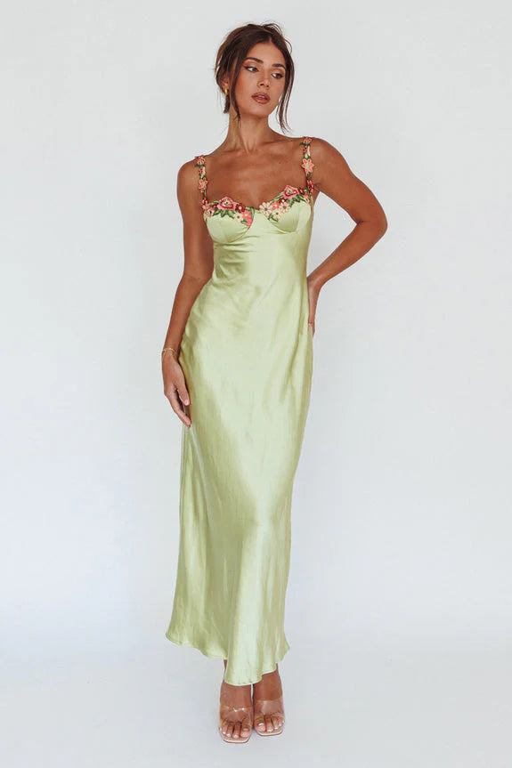 Virelina Floral Satin Wedding Guest Maxi Dress