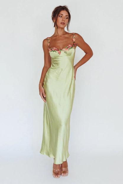Virelina Floral Satin Wedding Guest Maxi Dress