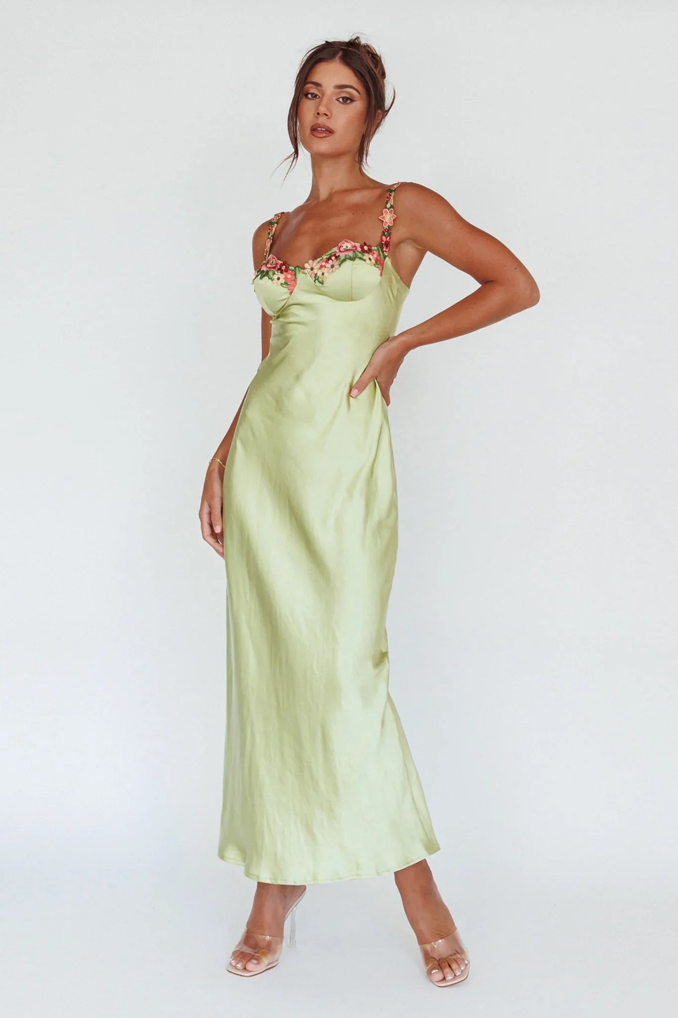 Virelina Floral Satin Wedding Guest Maxi Dress