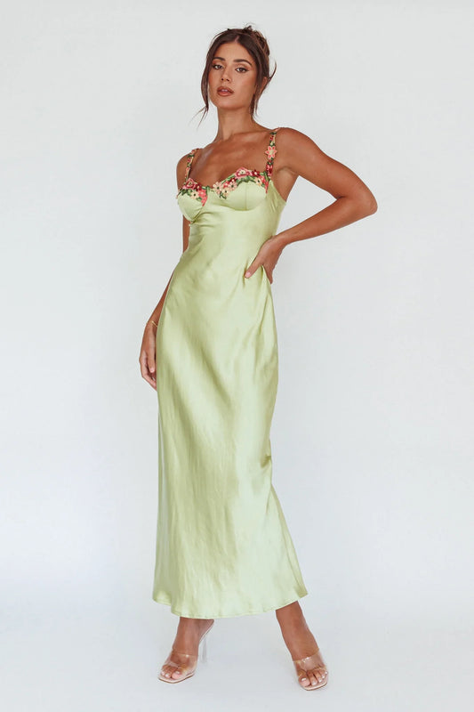 Virelina Floral Satin Wedding Guest Maxi Dress