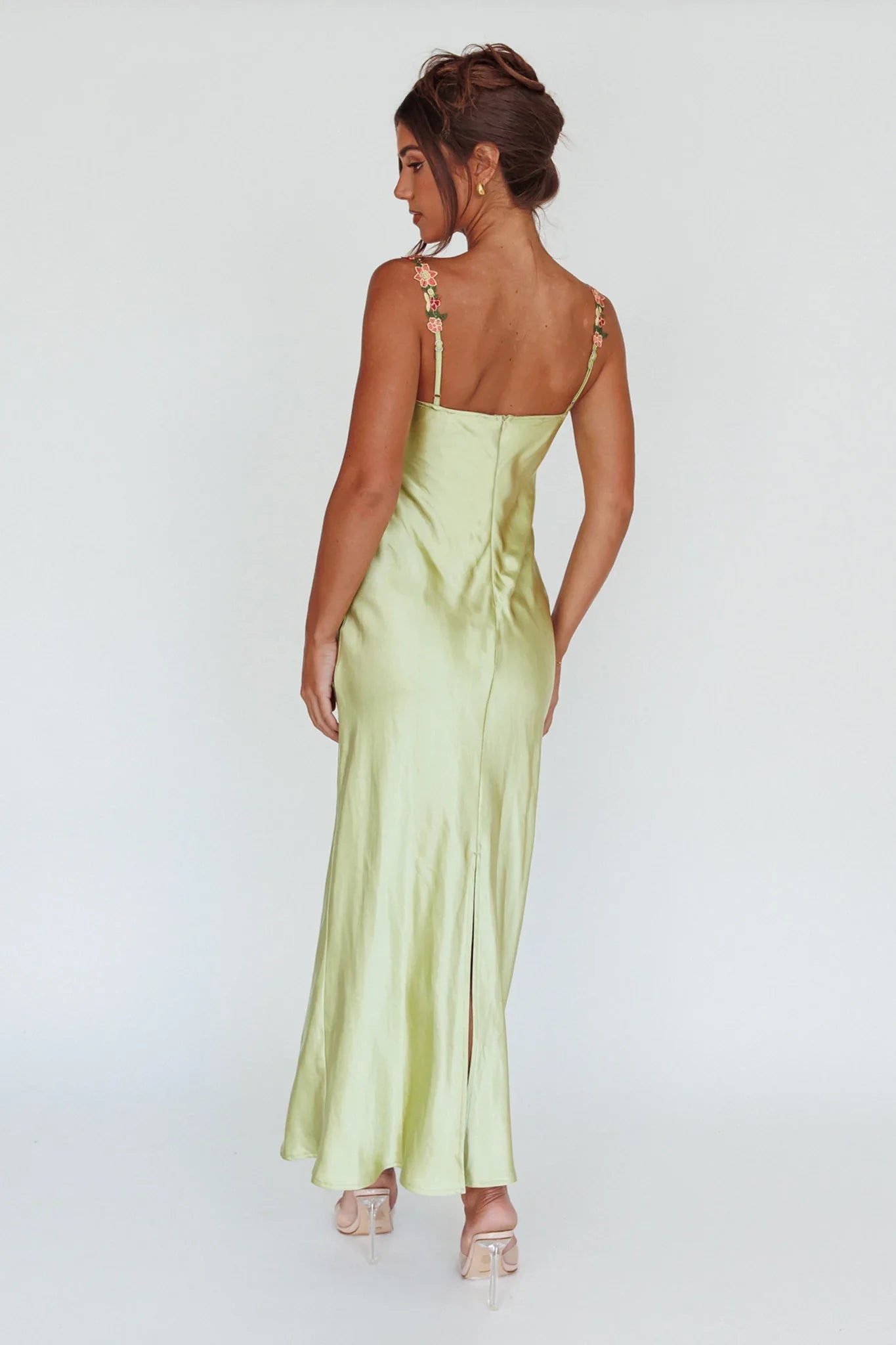 Virelina Floral Satin Wedding Guest Maxi Dress
