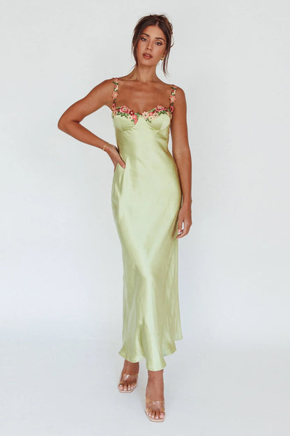 Virelina Floral Satin Wedding Guest Maxi Dress