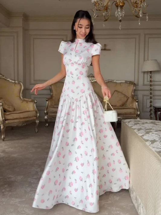 Adeline Floral Satin Wedding Guest Maxi Dress